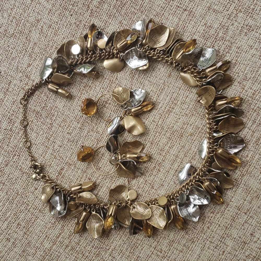 J.Crew Gold and Silver Fall Leaves Petal Infinity Necklace and Earrings Set
